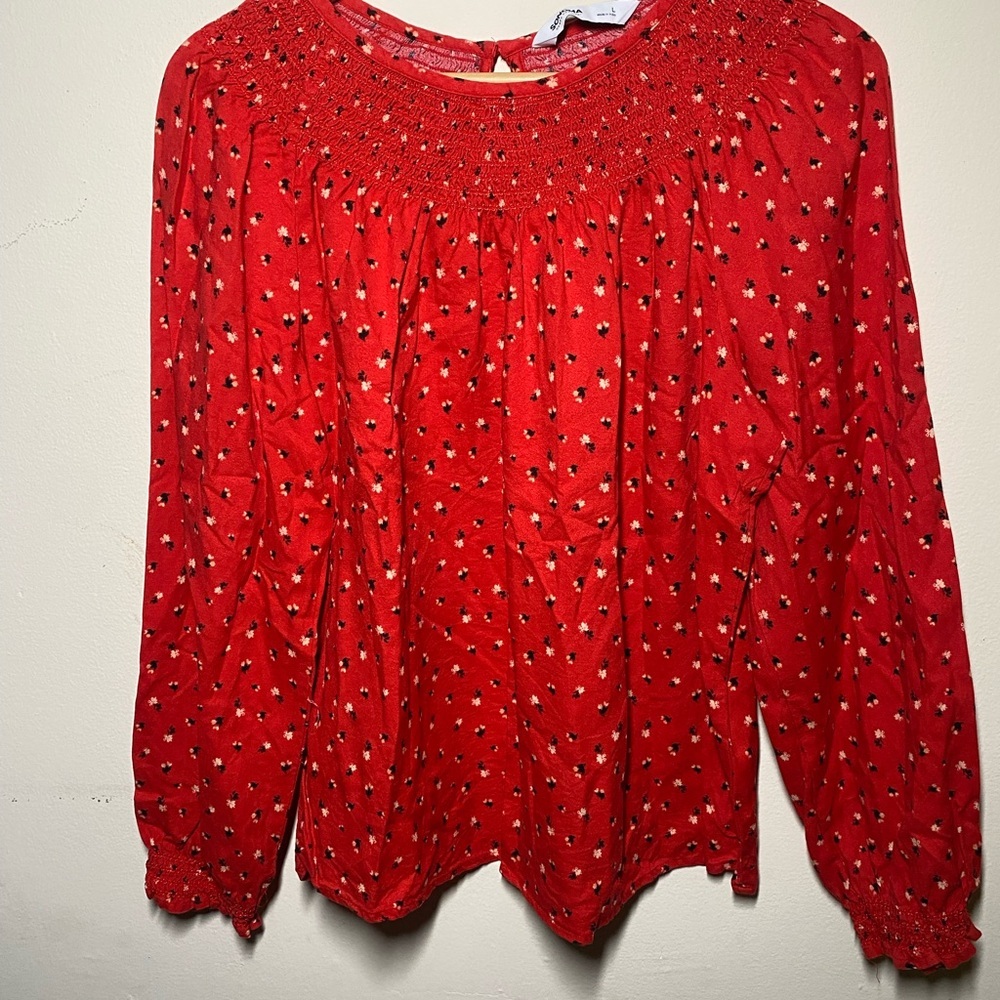 Sonoma Red and White Puff Sleeve Ruffled Blouse